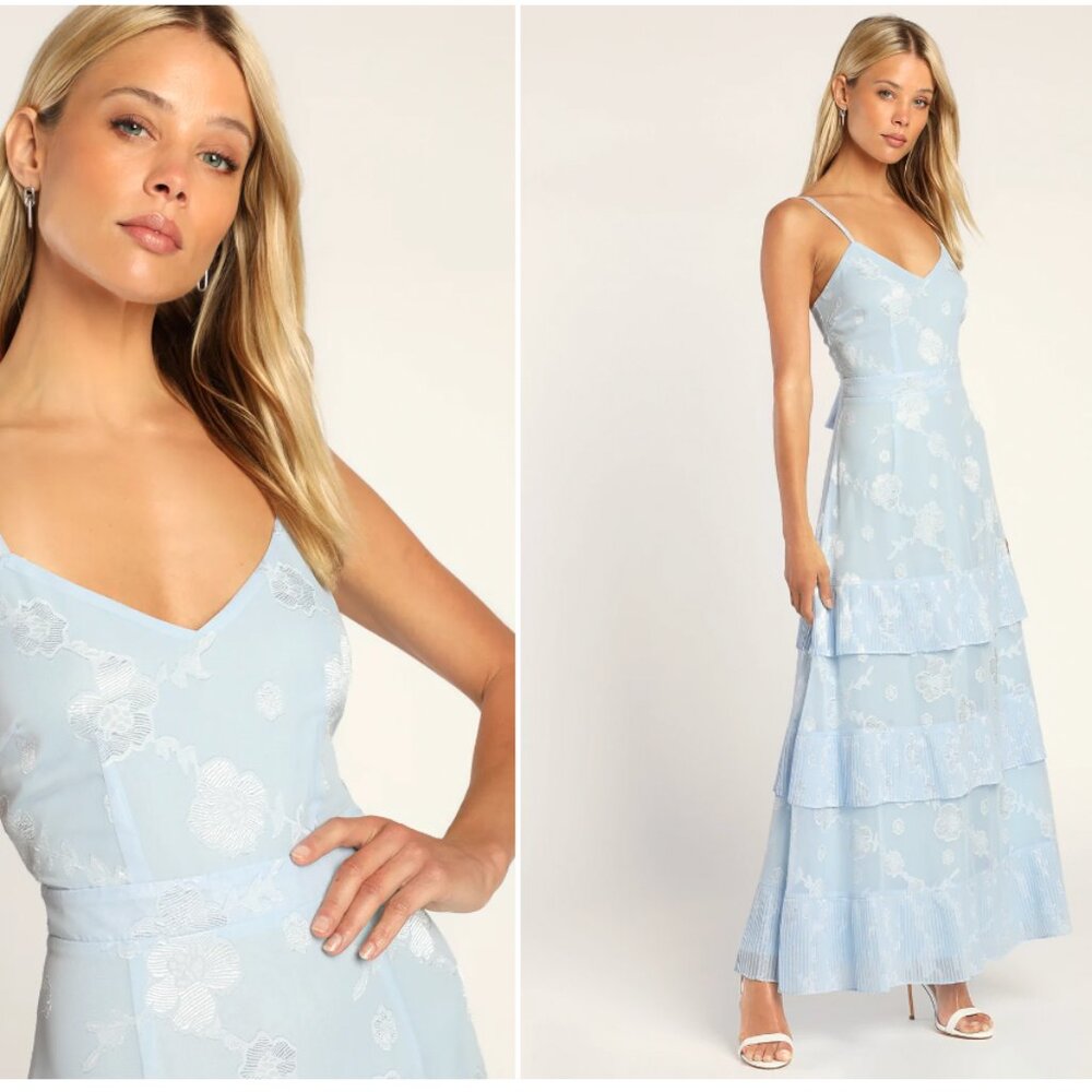 Lulu's Beaming Babe Light Blue Floral Print Jacquard Tiered Maxi Dress